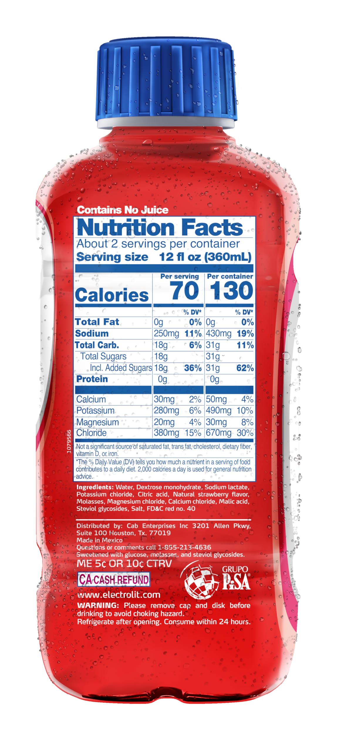 Electrolit Strawberry label closeup highlights natural flavor and electrolyte balance.