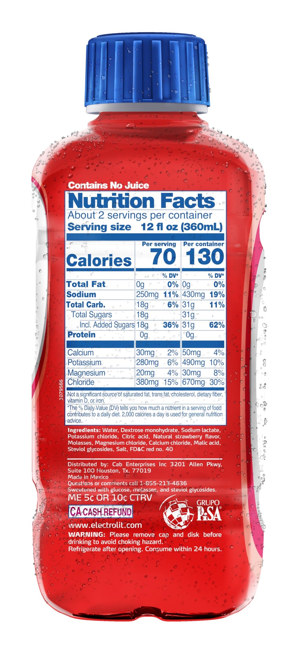 Electrolit Strawberry label closeup highlights natural flavor and electrolyte balance.