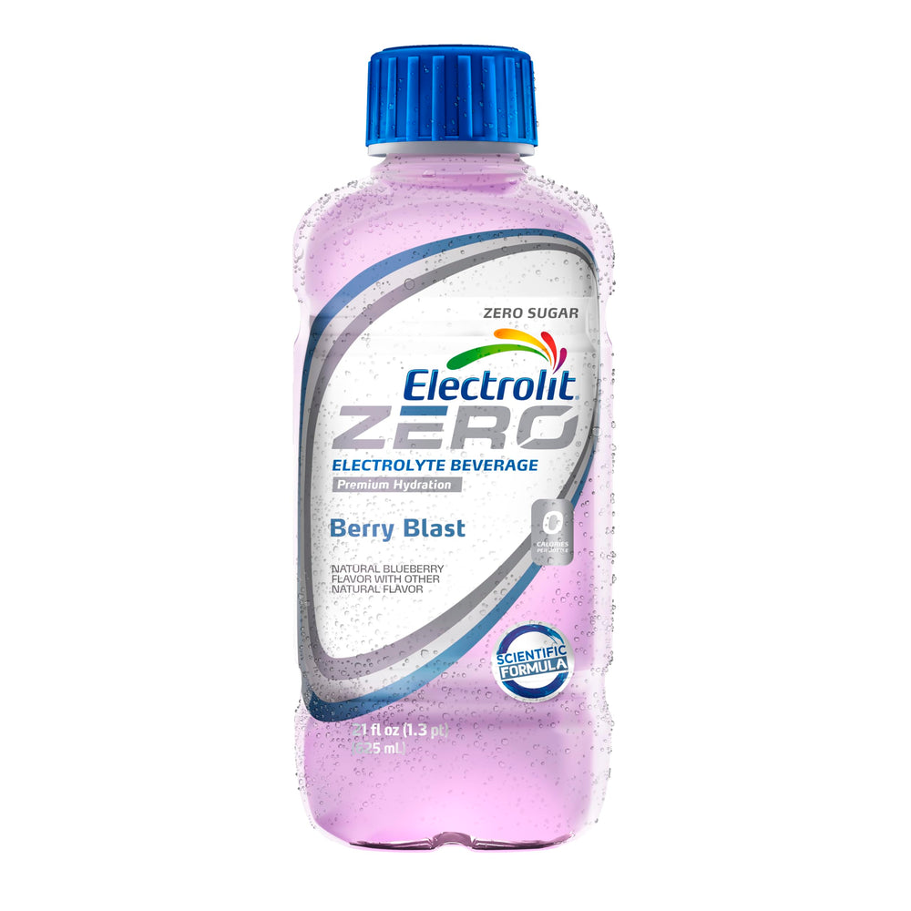 Electrolit Zero Berry Blast bottle highlighting hydration-friendly electrolyte balance for active days