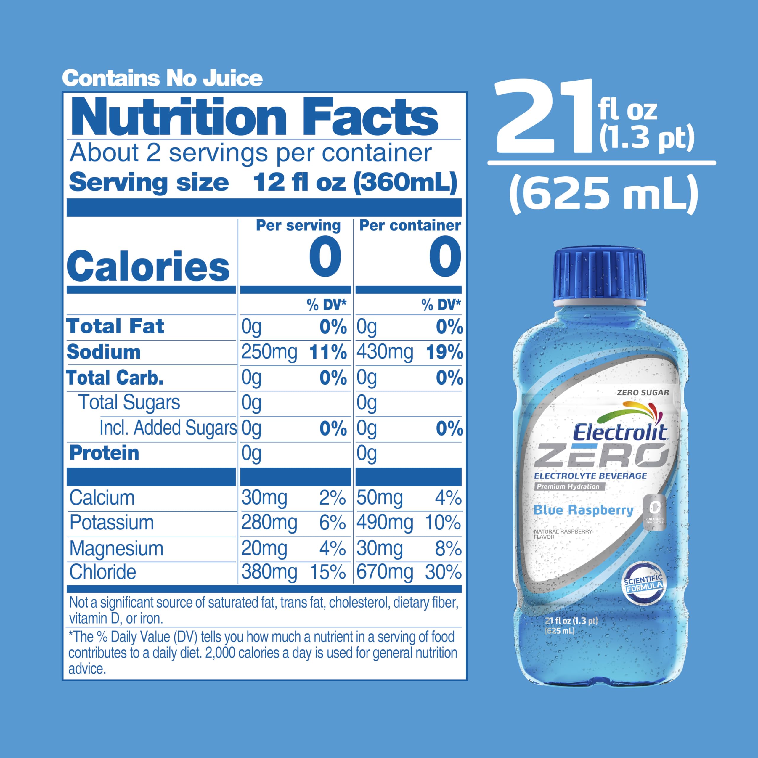 Electrolit Zero blue raspberry bottle label close-up highlighting electrolyte balance.
