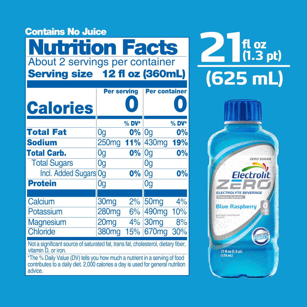 Electrolit Zero blue raspberry bottle label close-up highlighting electrolyte balance.