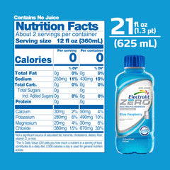 Electrolit Zero blue raspberry bottle label close-up highlighting electrolyte balance.