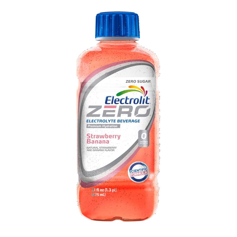 Pouring Electrolit Zero strawberry banana to replenish electrolytes after a workout.