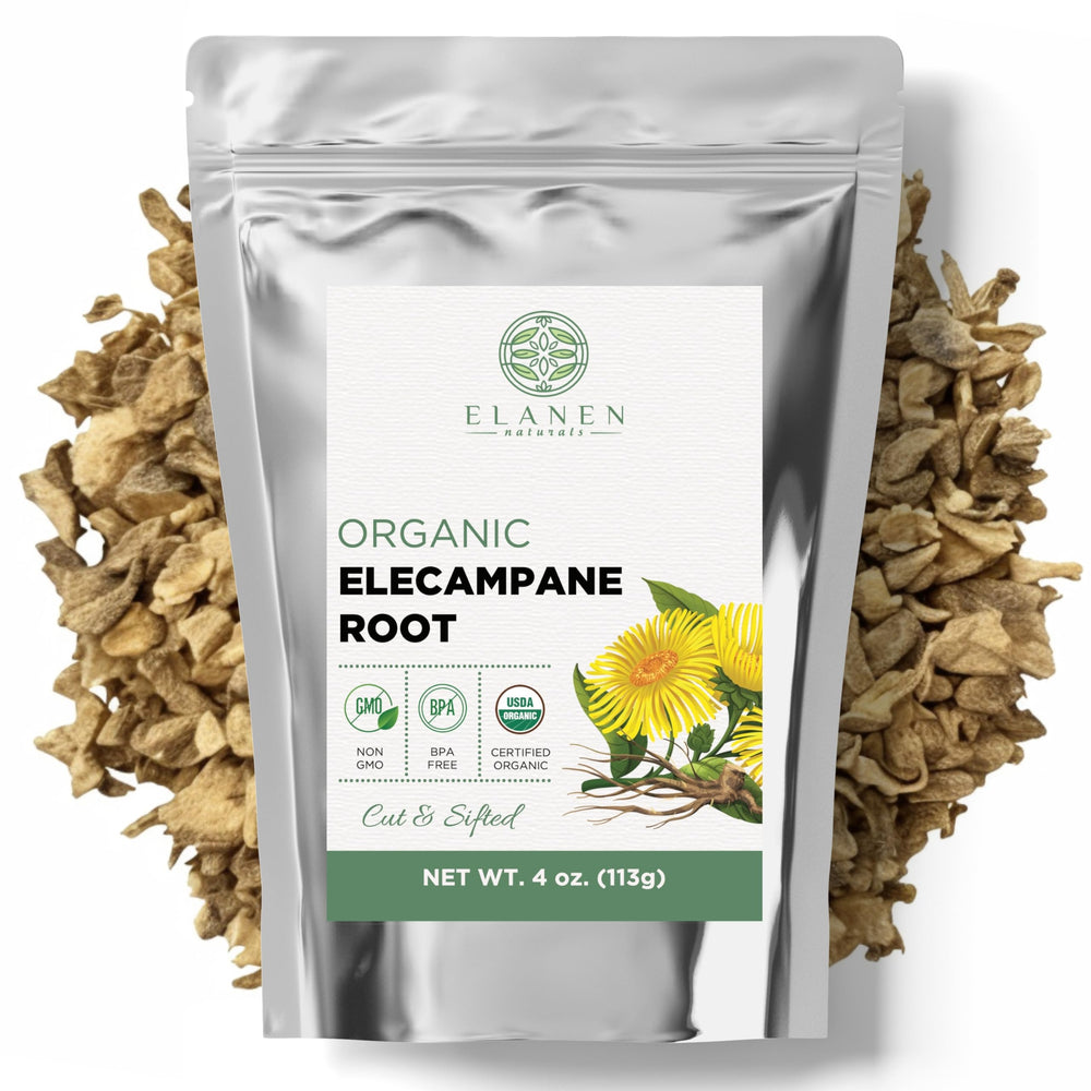 Elanen Naturals elecampane root cut, ready for infusion and decoction.