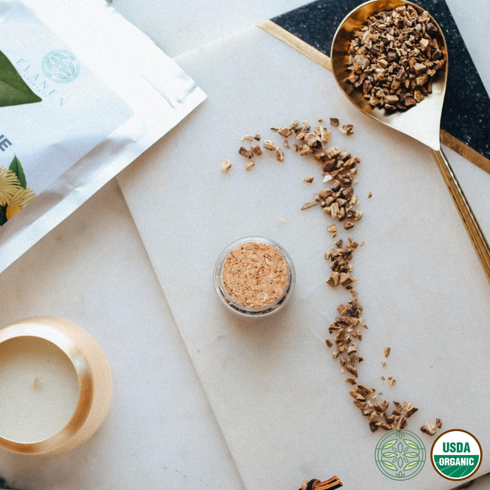 Elanen Naturals elecampane root in tea infusion for flavorful blends.