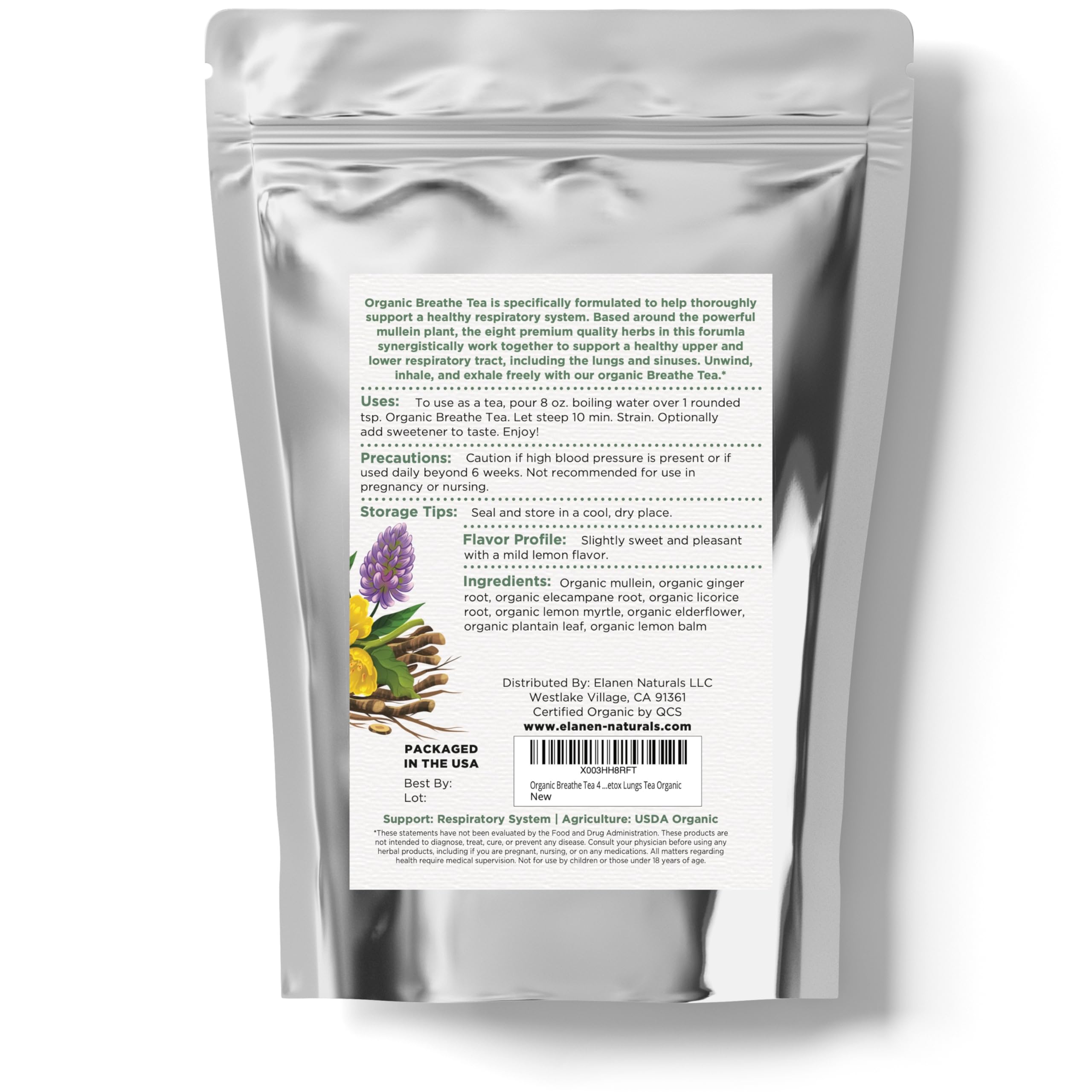 Elanen Naturals Breathe Tea facility label signaling quality standards.