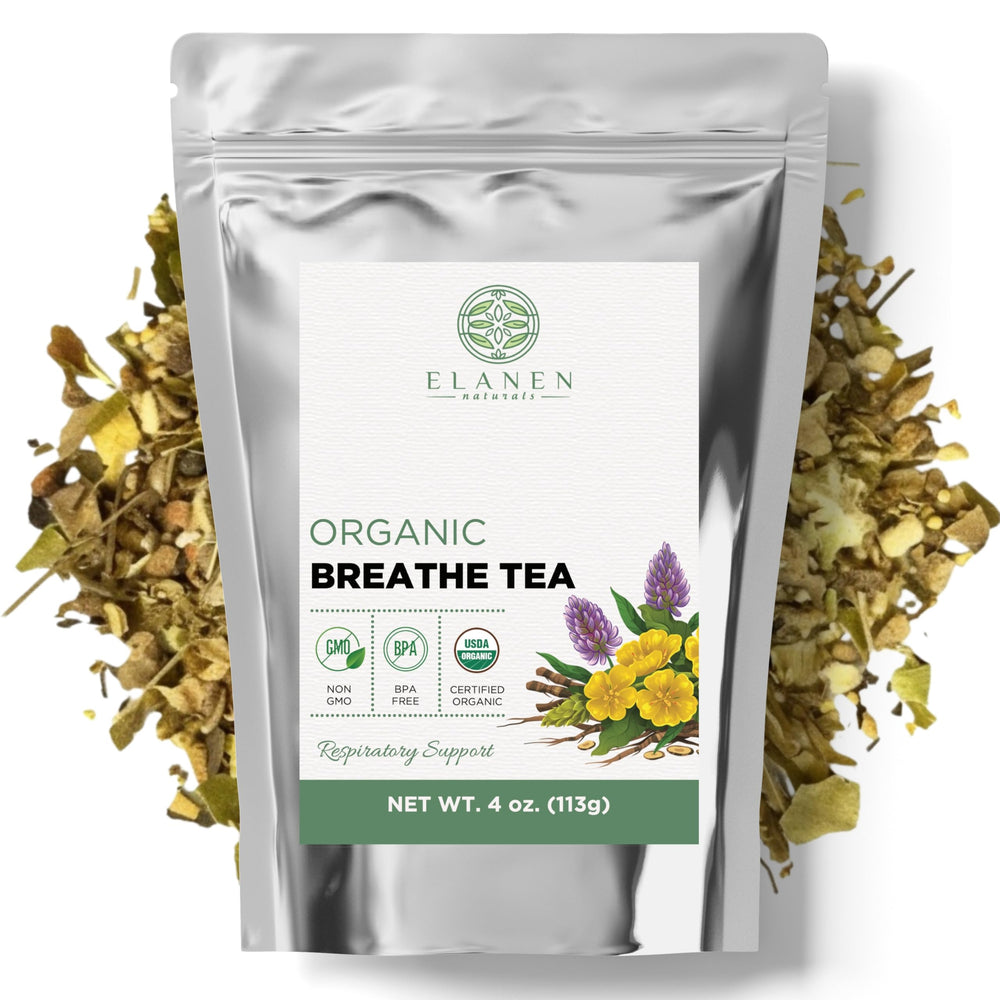 Elanen Naturals Breathe Tea packaging highlighting organic seal and label.
