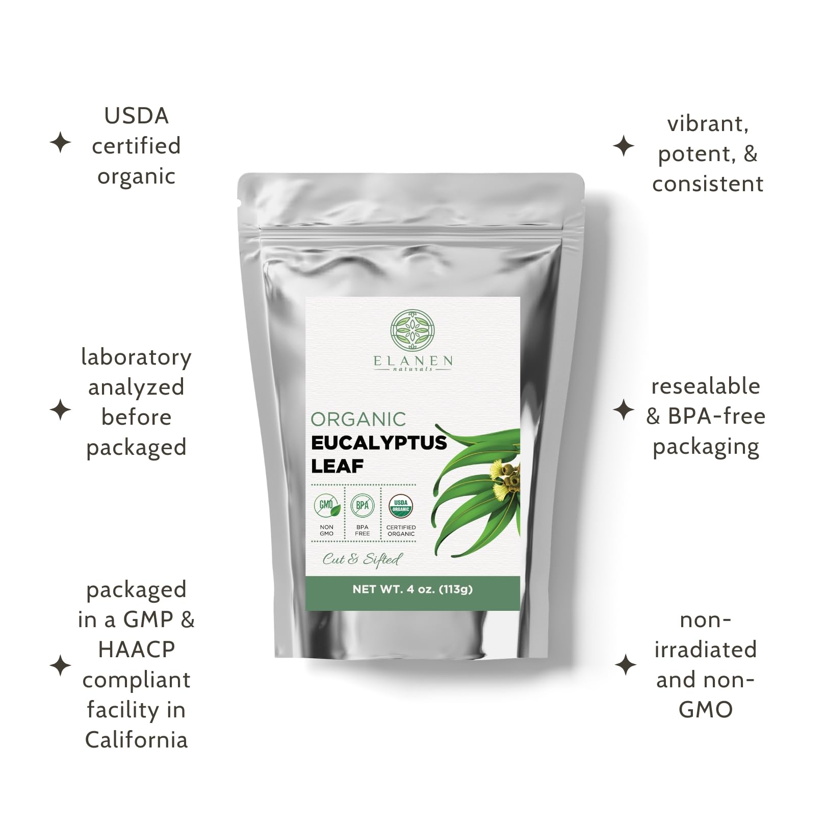 Elanen Naturals eucalyptus leaf tea infusion steeping in hot water