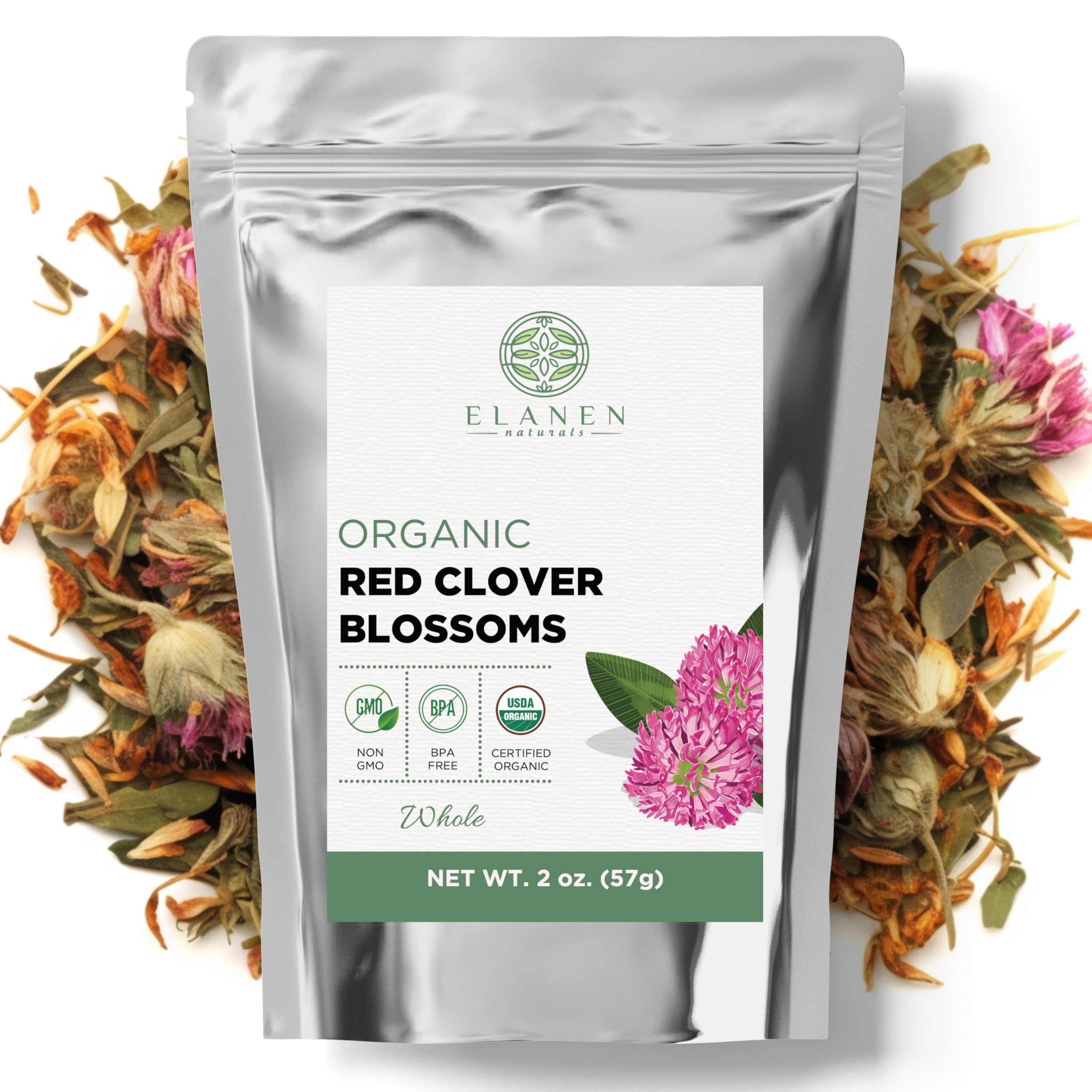 Elanen Naturals organic red clover blooms ready for a fragrant tea.