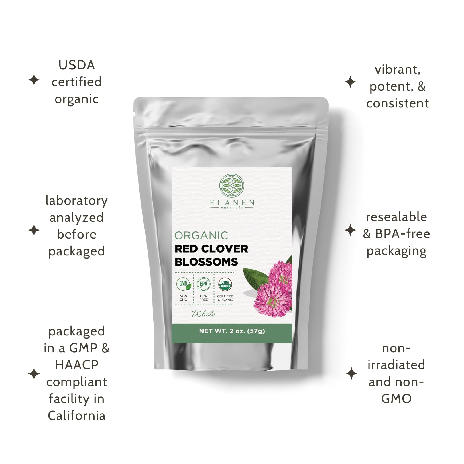 Elanen Naturals pinkish-purple dried red clover blossoms with mild sweetness.