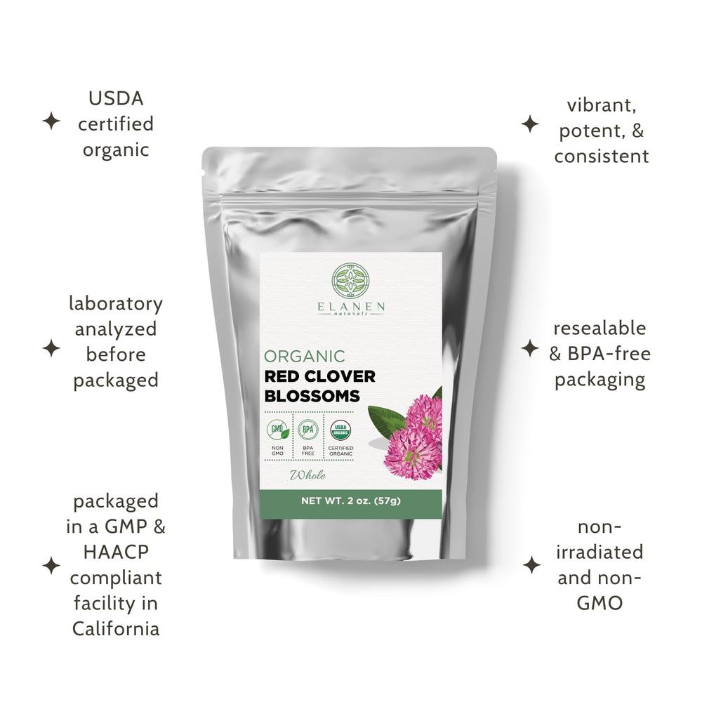 Elanen Naturals pinkish-purple dried red clover blossoms with mild sweetness.