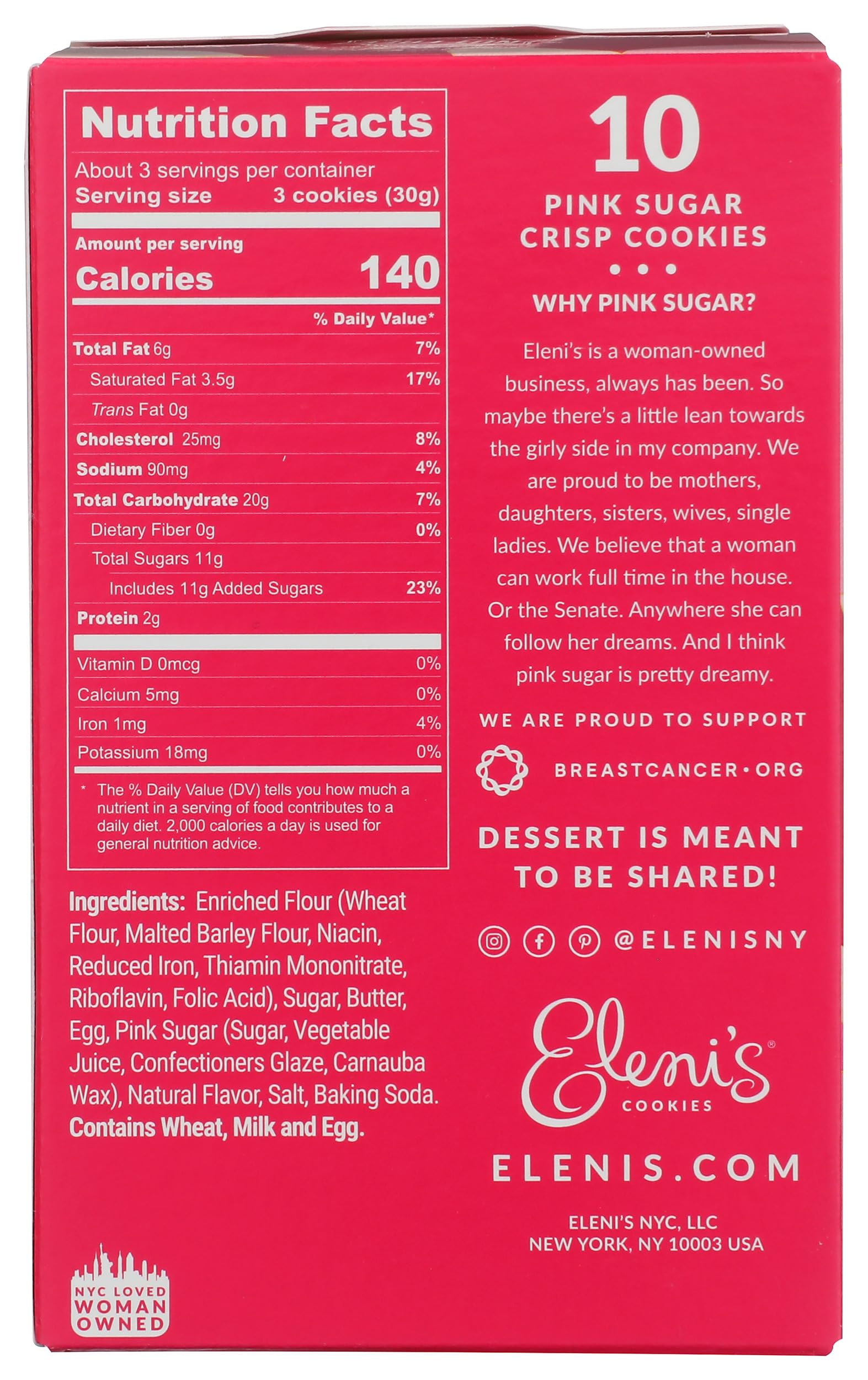 Eleni's New York Pink Sugar Crisp box side view, packaging details.