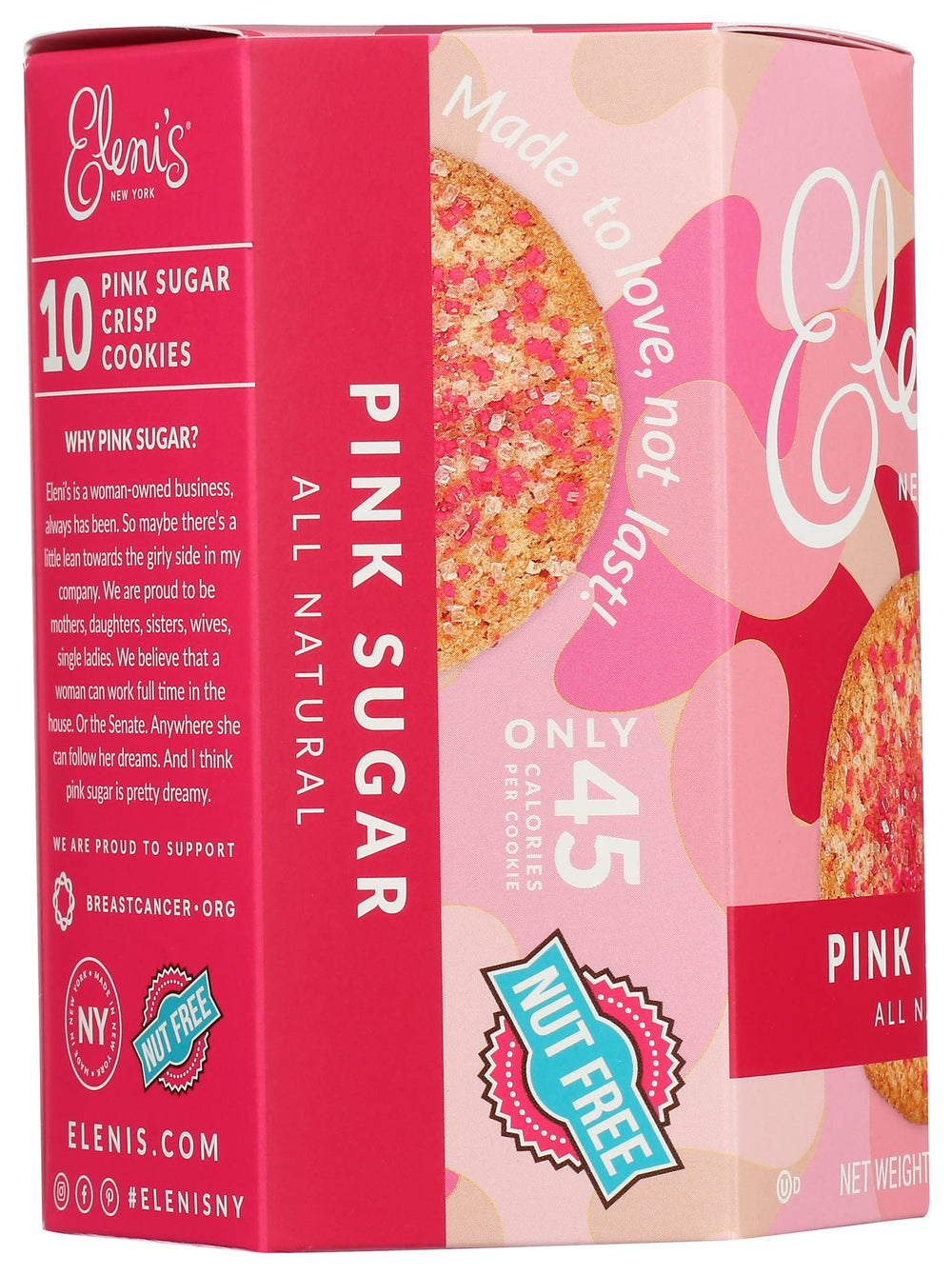 Eleni's New York Pink Sugar Crisp cookies close-up, crisp edges and sugar sparkle for snacking.