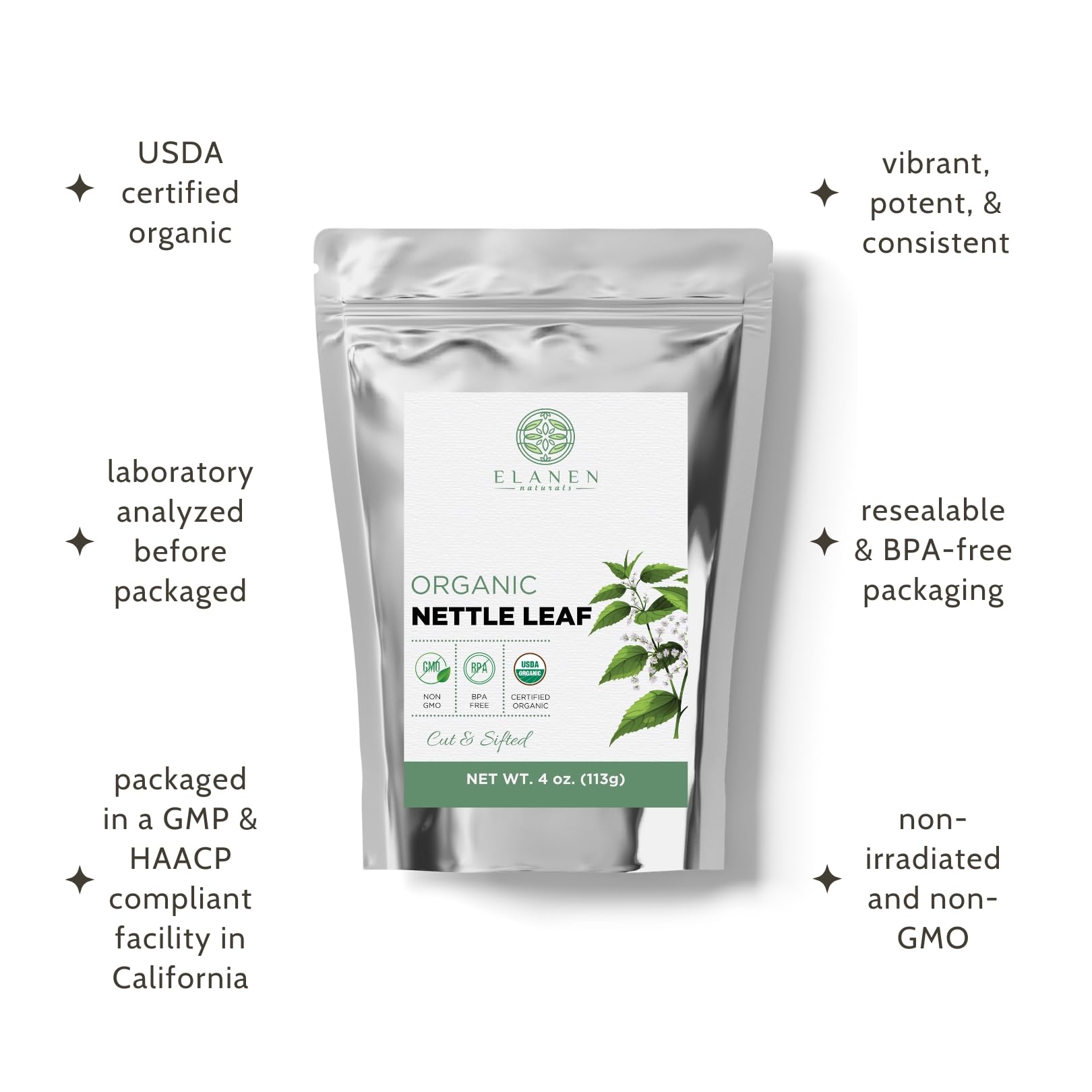Elanen Naturals dried nettle leaves detail, vibrant texture signals quality.