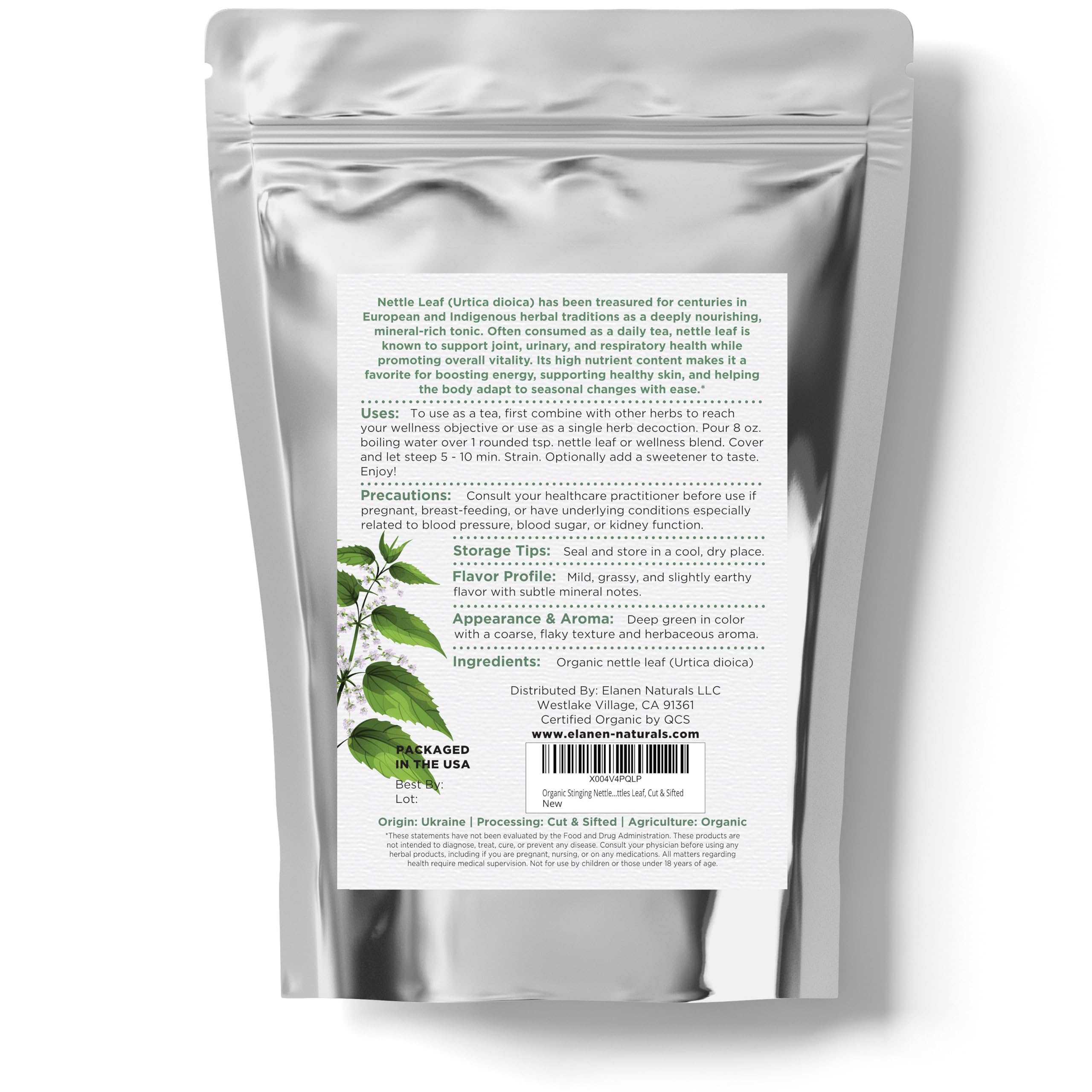 Elanen Naturals mineral-rich leaves closeup, iron and calcium content shown.
