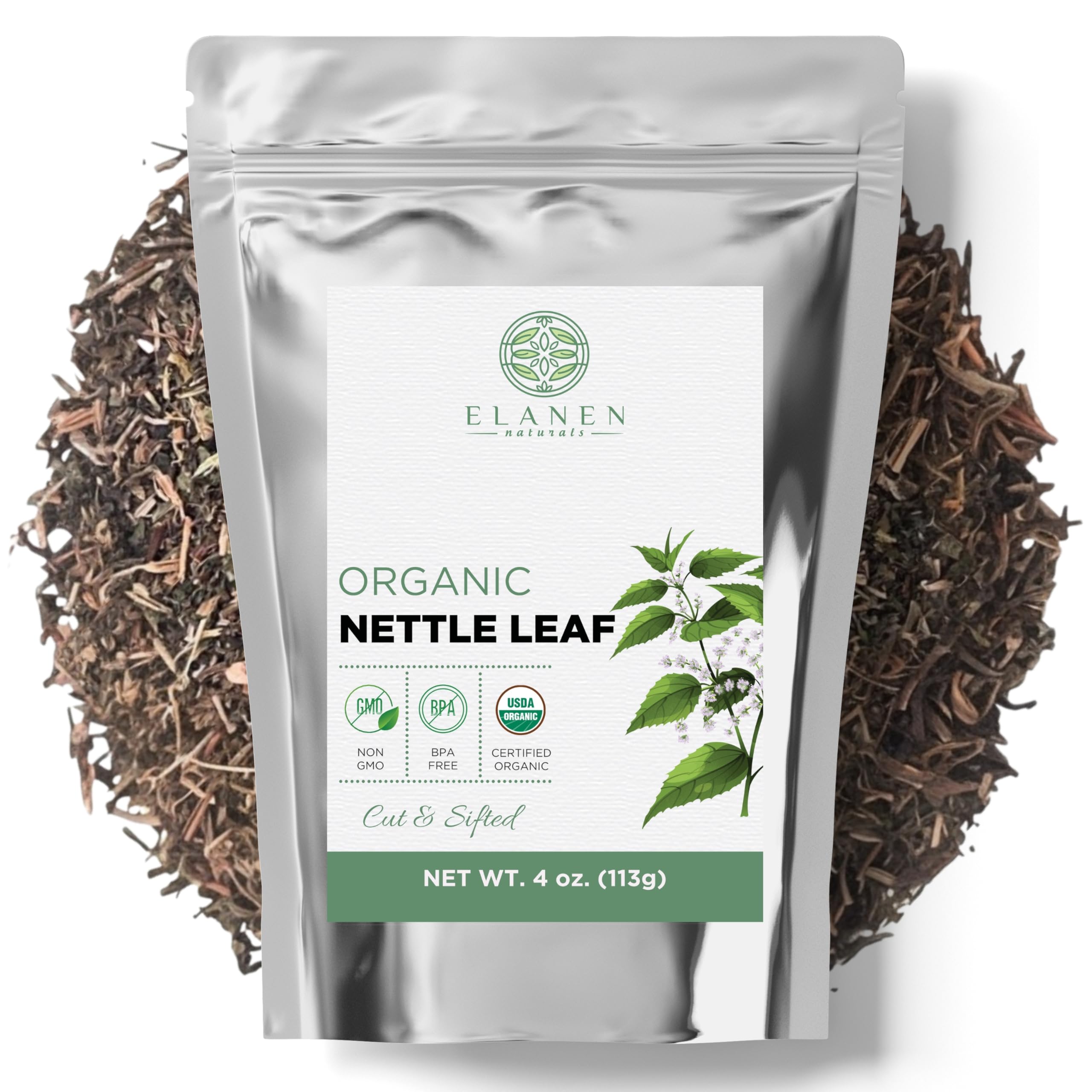 Elanen Naturals stinging nettle loose-leaf packaging, BPA-free for fresh daily brews.
