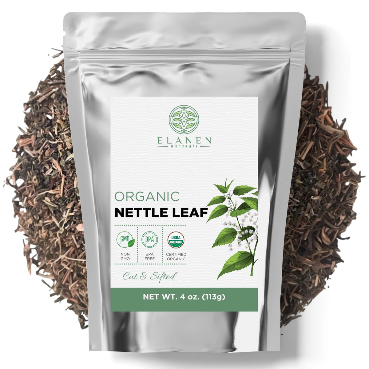 Elanen Naturals stinging nettle loose-leaf packaging, BPA-free for fresh daily brews.
