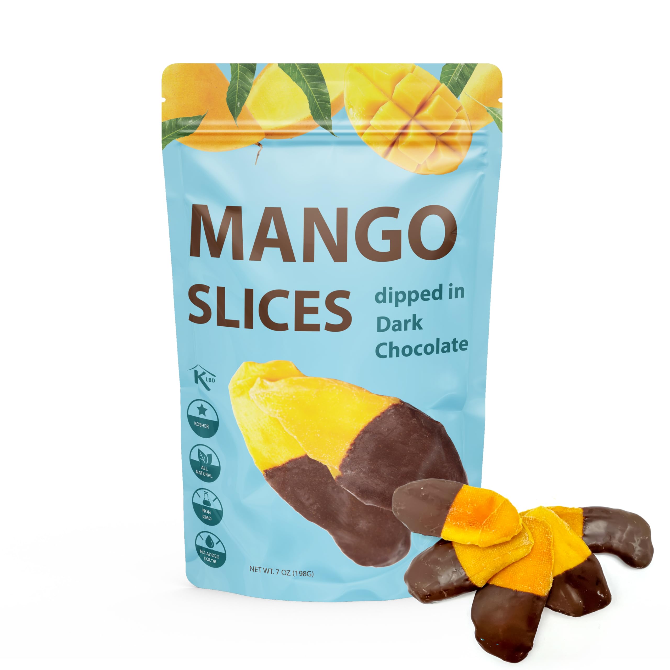Elephant Park dark chocolate-dipped mango slices with glossy coating and tropical flavor