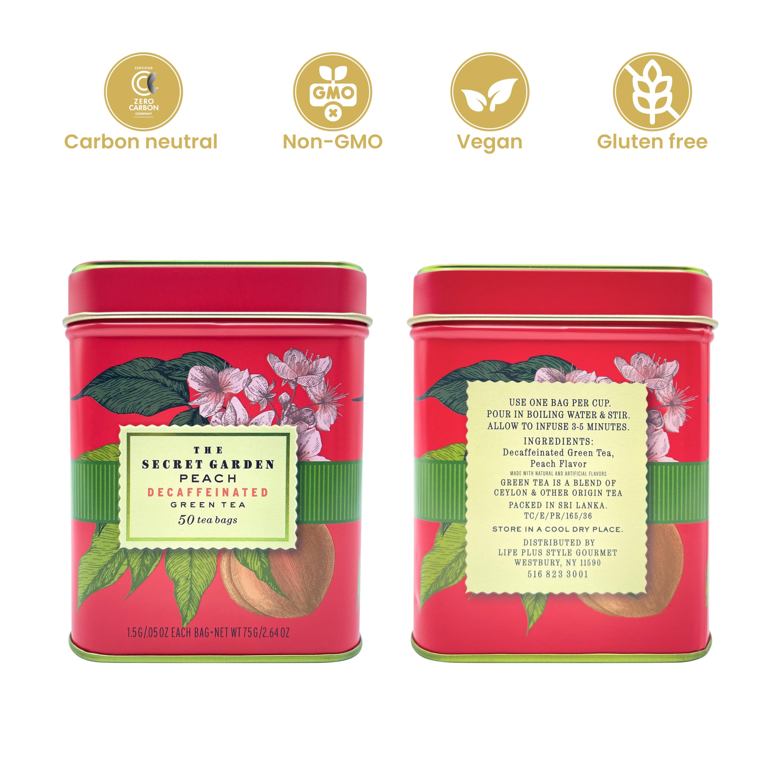 Elephant Park decaf green tea bags emitting peach aroma for a refreshing cup