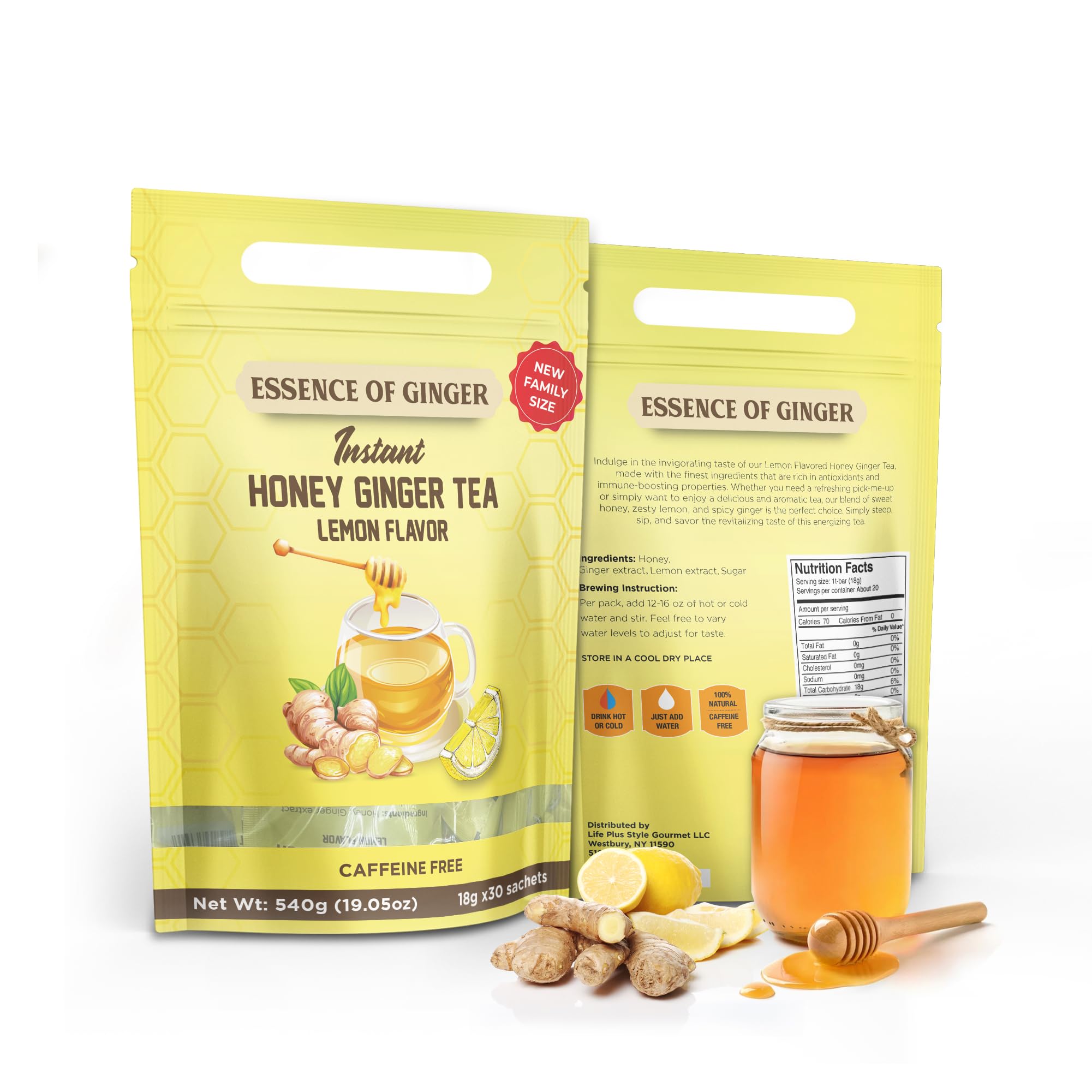 Elephant Park Honey Lemon Ginger Crystal Tea sachets ready for quick brew.