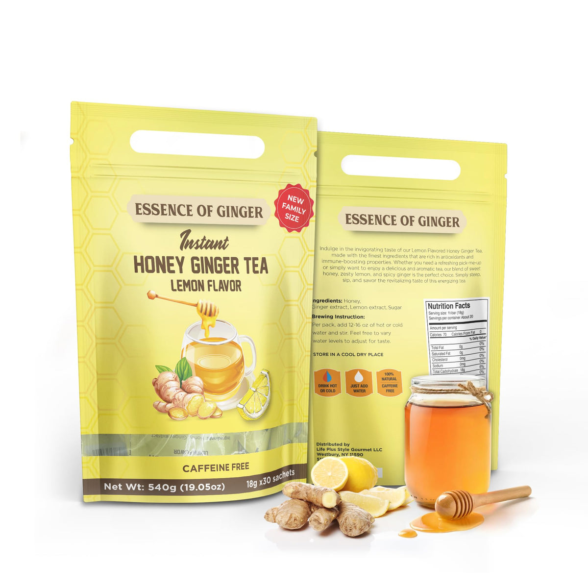 Elephant Park Honey Lemon Ginger Crystal Tea sachets ready for quick brew.