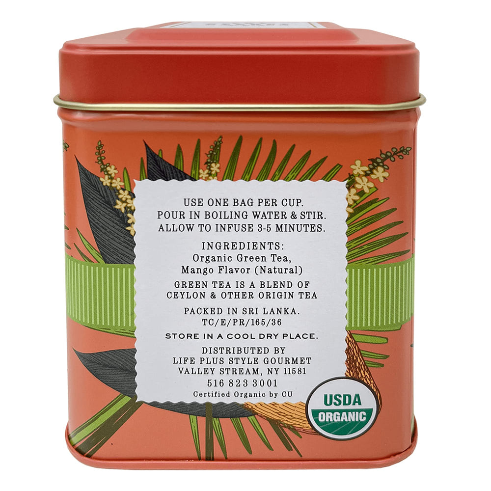 Elephant Park Mango Green Tea teabags close-up with caffeinated morning energy and tropical aroma