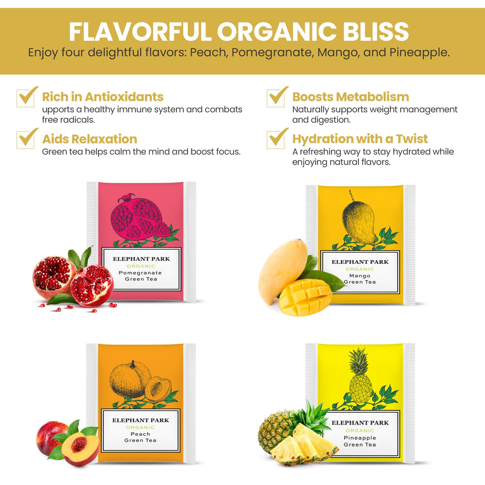 Elephant Park organic green tea bags close-up highlighting natural flavors and clean ingredients.