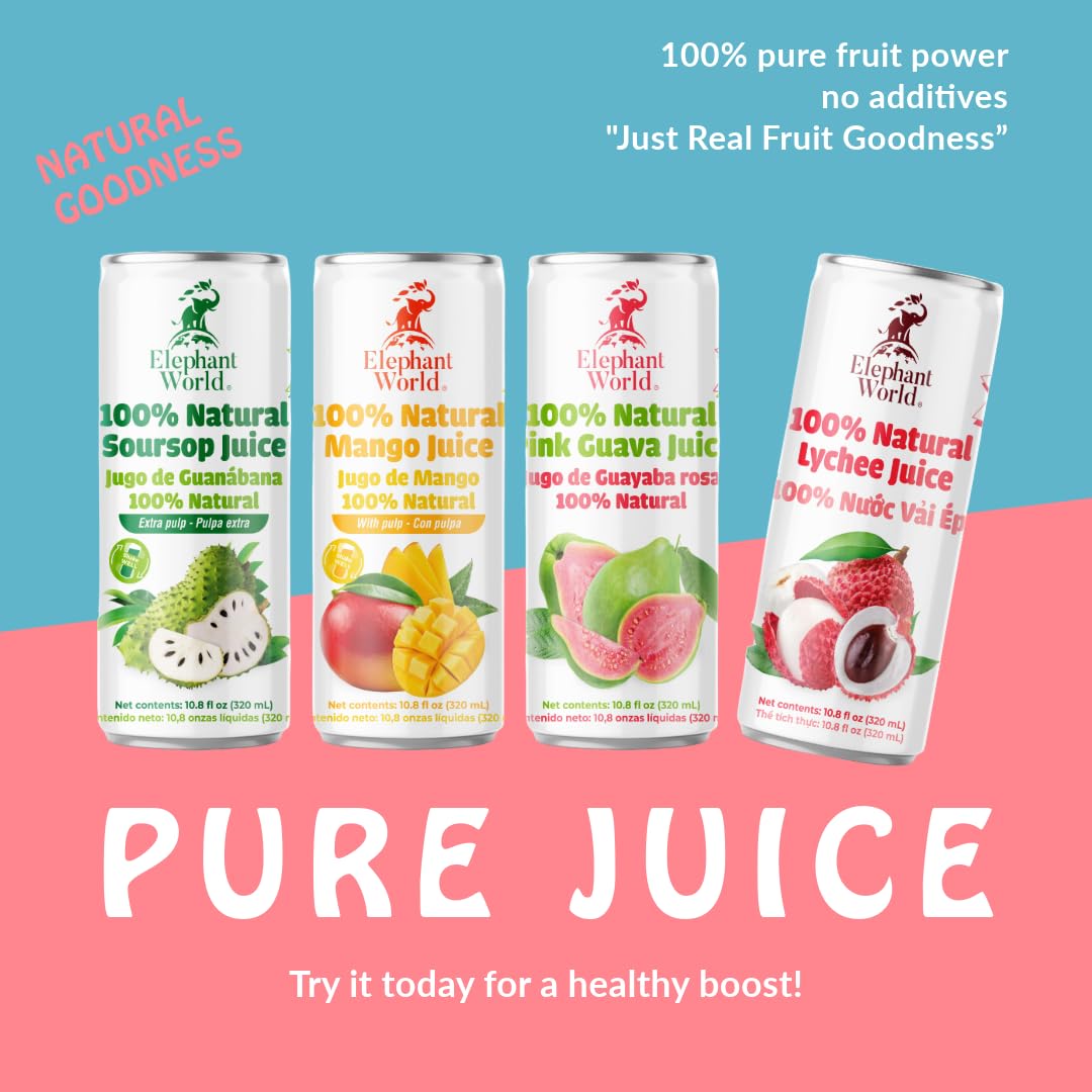 Elephant World Soursop Juice nutrition panel: Non-GMO, fat-free, gluten-free with natural antioxidants