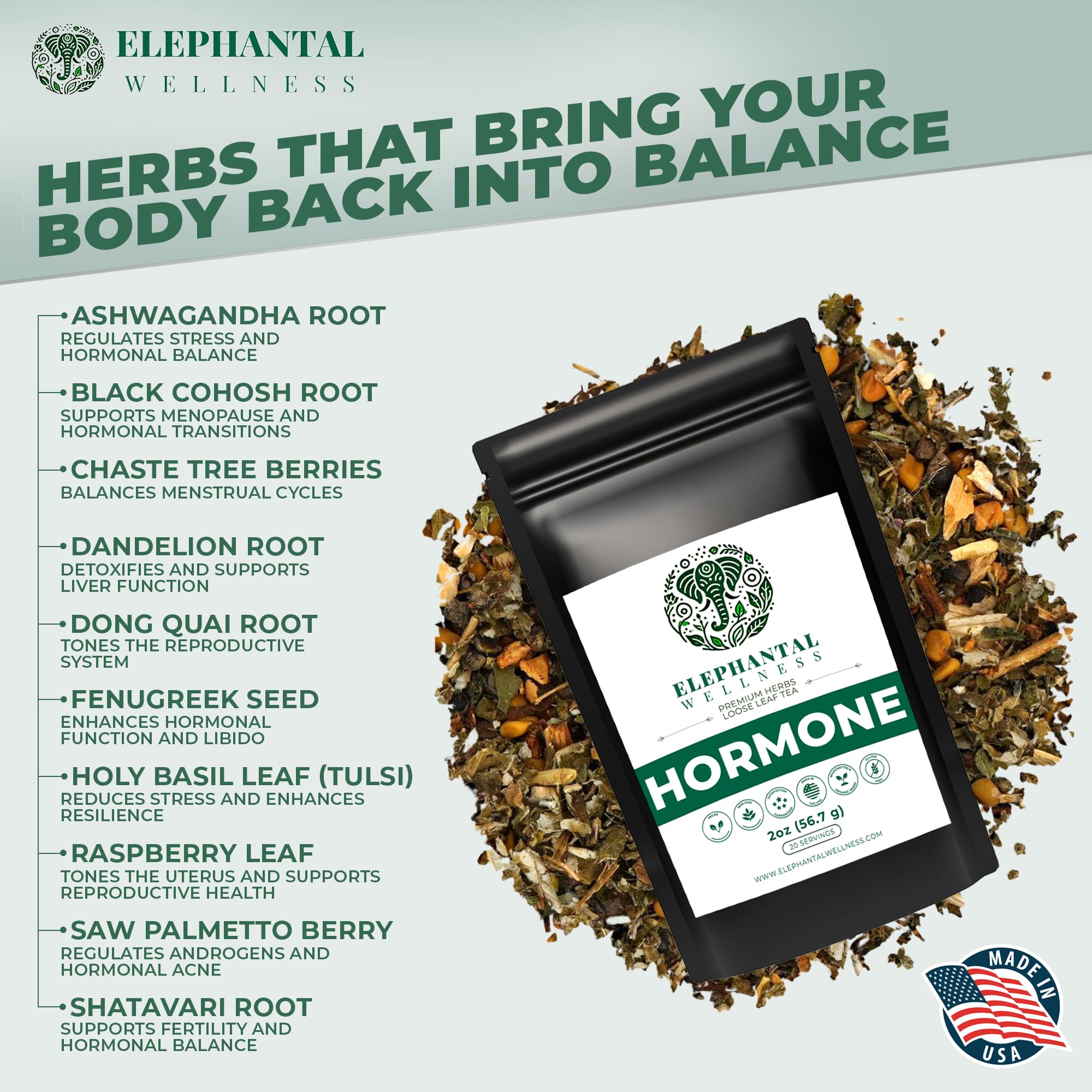Elephantal Wellness chaste berry dried herbs, ideal for cycle-balancing rituals.