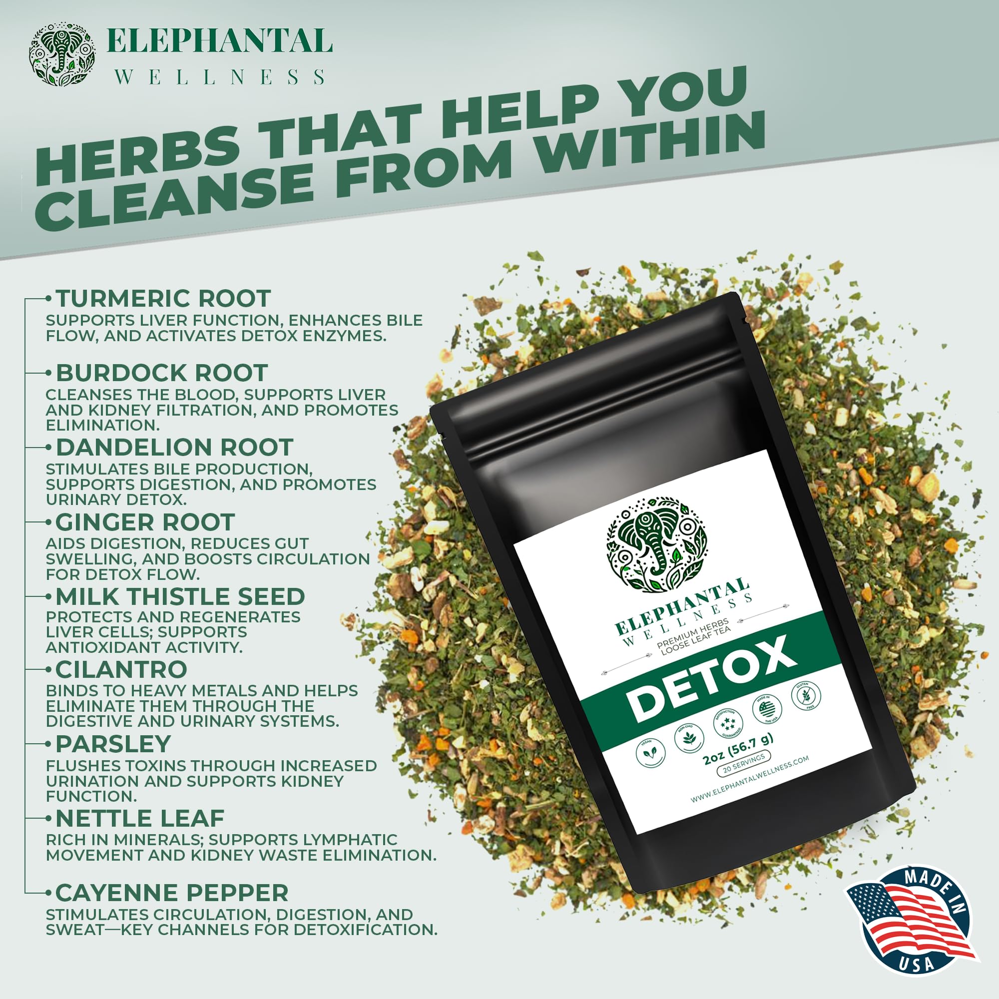 Elephantal Wellness loose-leaf tea in a brewing cup, fragrant and inviting.