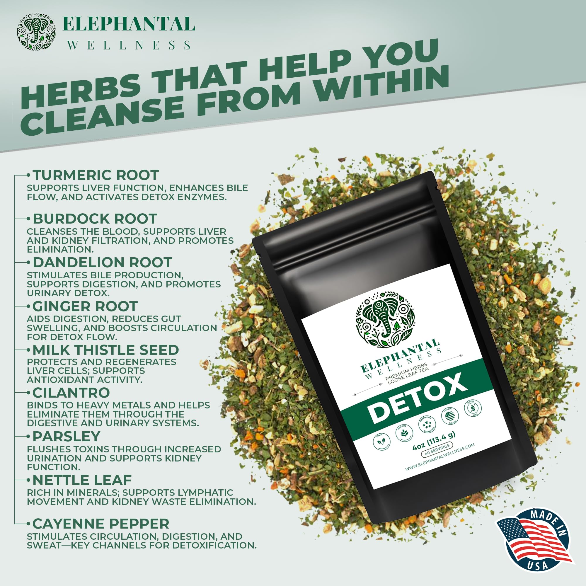 Elephantal Wellness premium detox tea steeped cup highlighting digestion-friendly aromas.