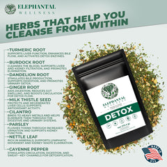 Elephantal Wellness premium detox tea steeped cup highlighting digestion-friendly aromas.