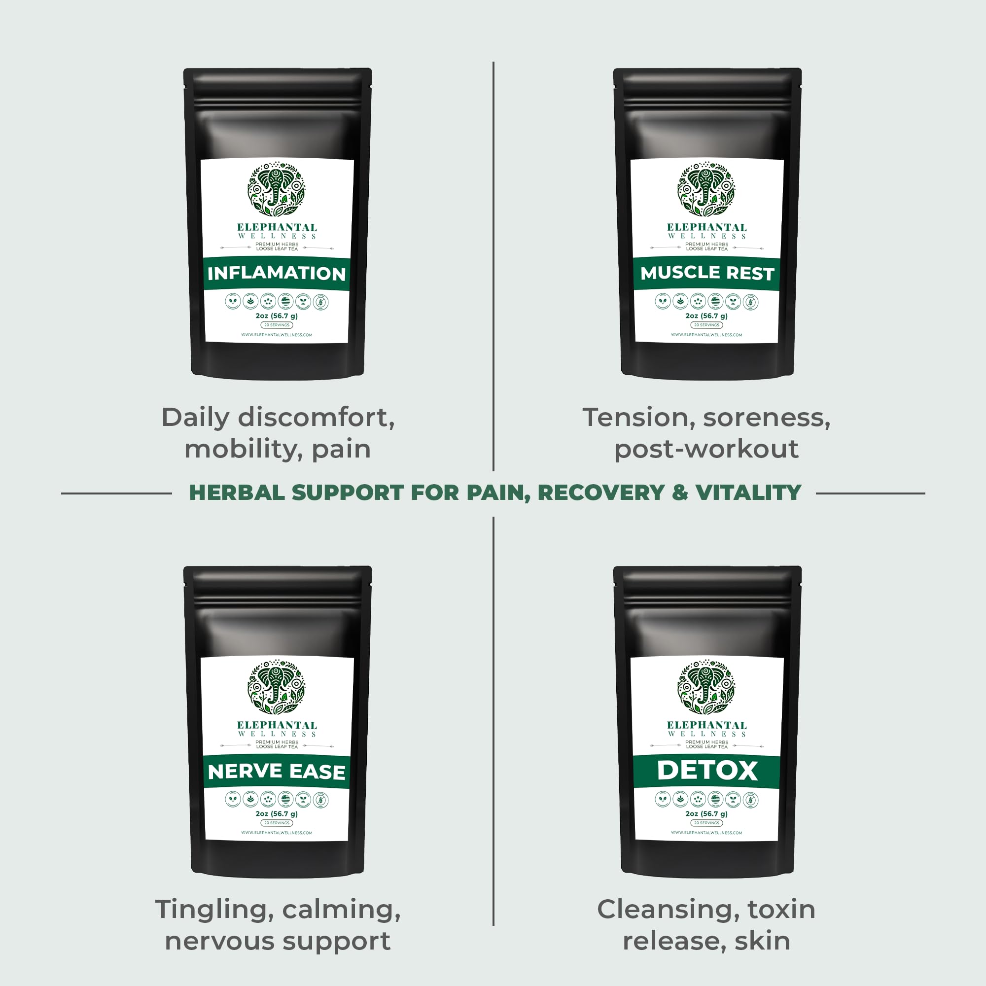 Elephantal Wellness packaging highlights natural ingredients for brewing.