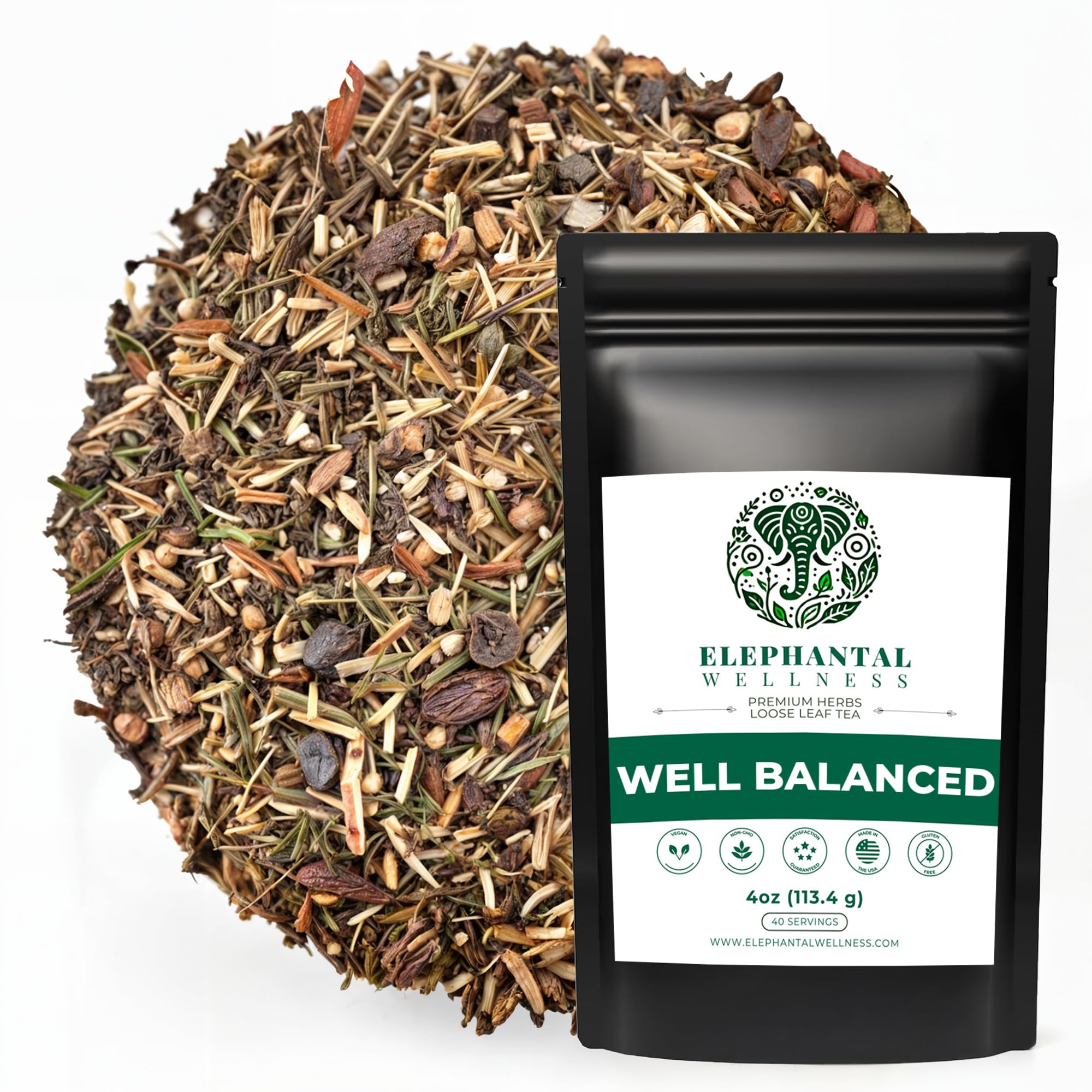 Elephantal Wellness Premium Well Balanced Tea brew, a soothing cup for steady focus and calm energy