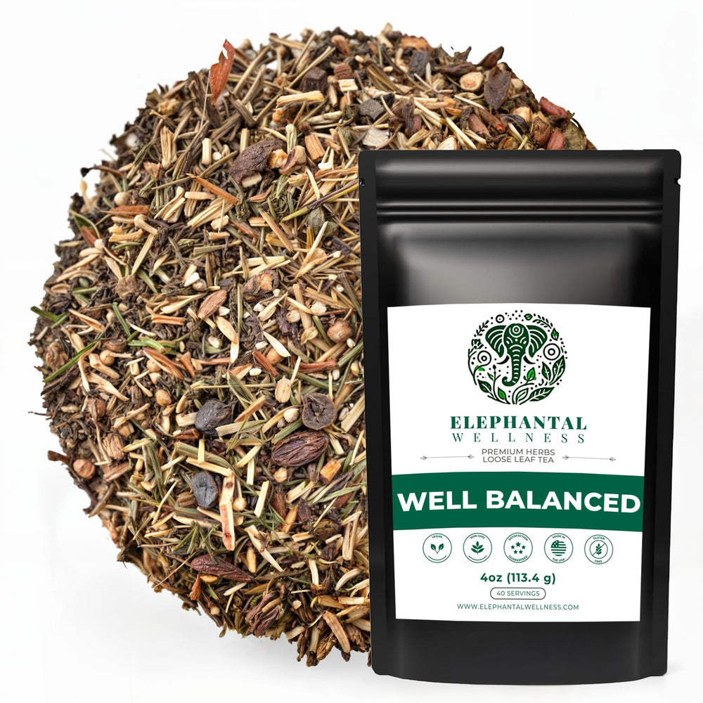 Elephantal Wellness Premium Well Balanced Tea brew, a soothing cup for steady focus and calm energy