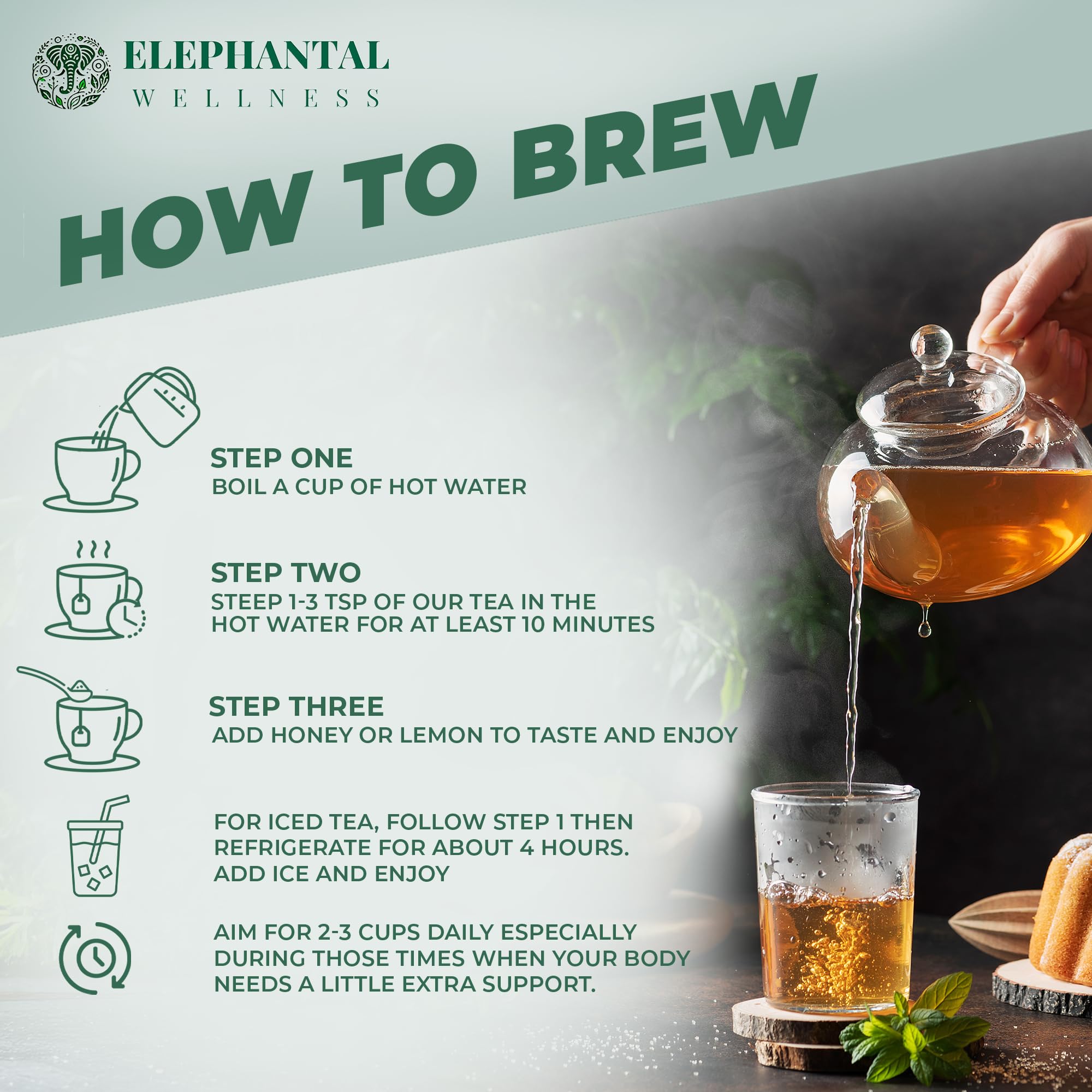 Elephantal Wellness steeping tea in cup, releases inviting aroma.
