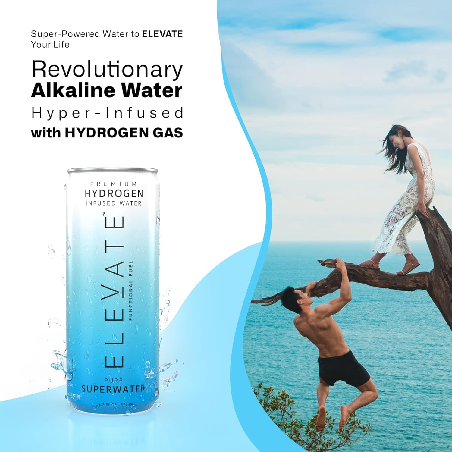 Elevate Superwater bottle close-up label highlights 3-5 ppm hydrogen for quick refreshment