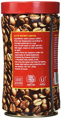 Elite Instant Coffee Kosher Passover label on packaging for trusted use.