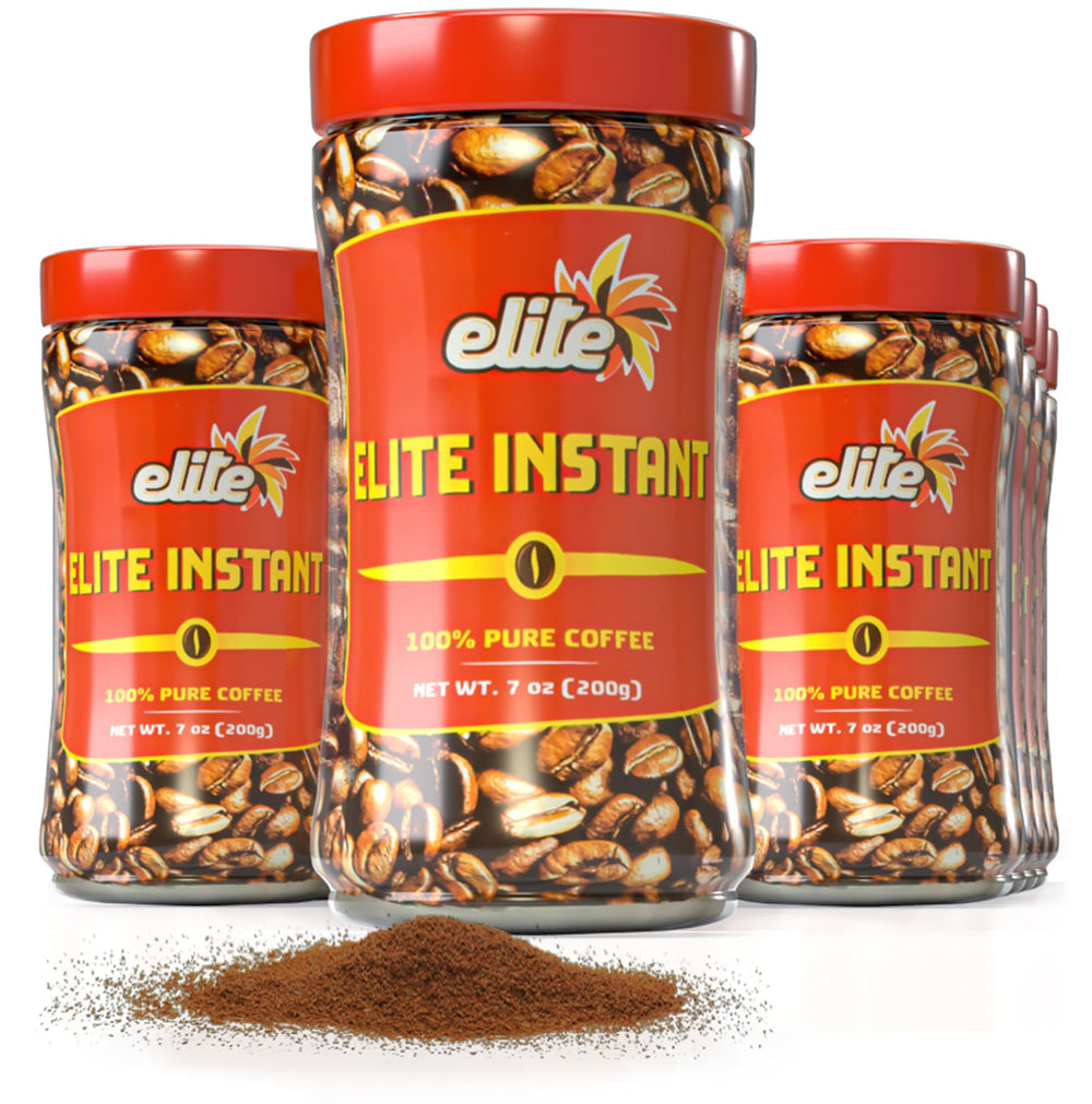 ELITE Instant Coffee 12-pack box on kitchen shelf, convenient pantry staple.