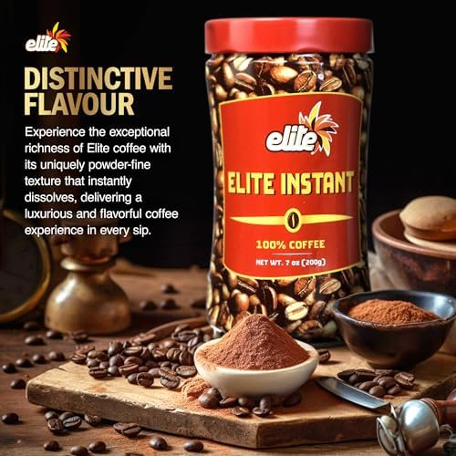 ELITE Instant Coffee on kitchen pantry shelf, easy access for busy mornings.