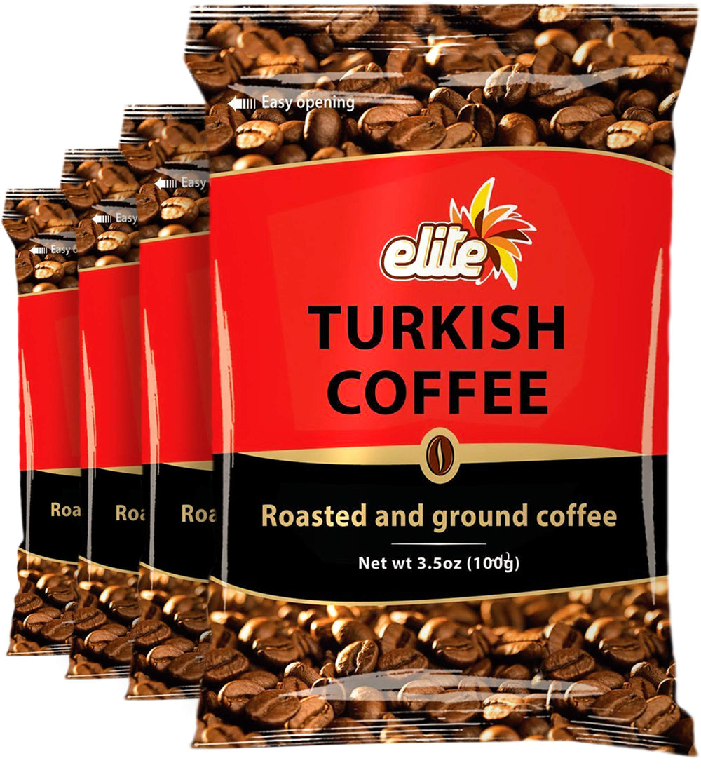 ELITE Turkish Coffee 3.5oz 4-pack ready for authentic Turkish brew at home.