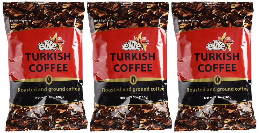 Elite Turkish Coffee 3-pack front view with three 3.5 oz packets ready to brew