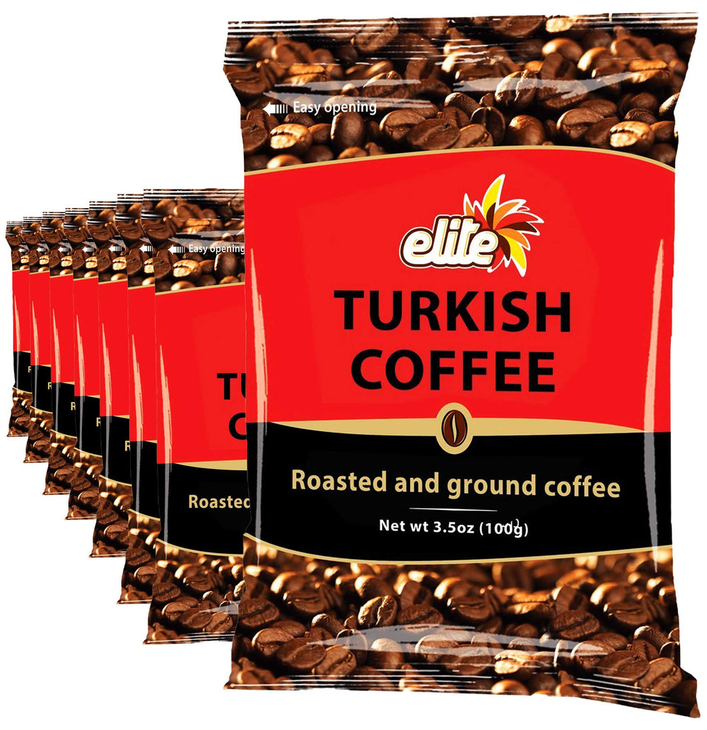 ELITE Turkish ground coffee bag label showcases premium packaging for home brewing.