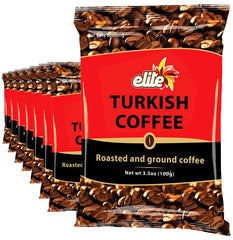 ELITE Turkish ground coffee bag label showcases premium packaging for home brewing.