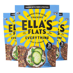 ELLA'S FLATS All Seed Savory Crisps packaging, gluten-free 3-pack for snack time.