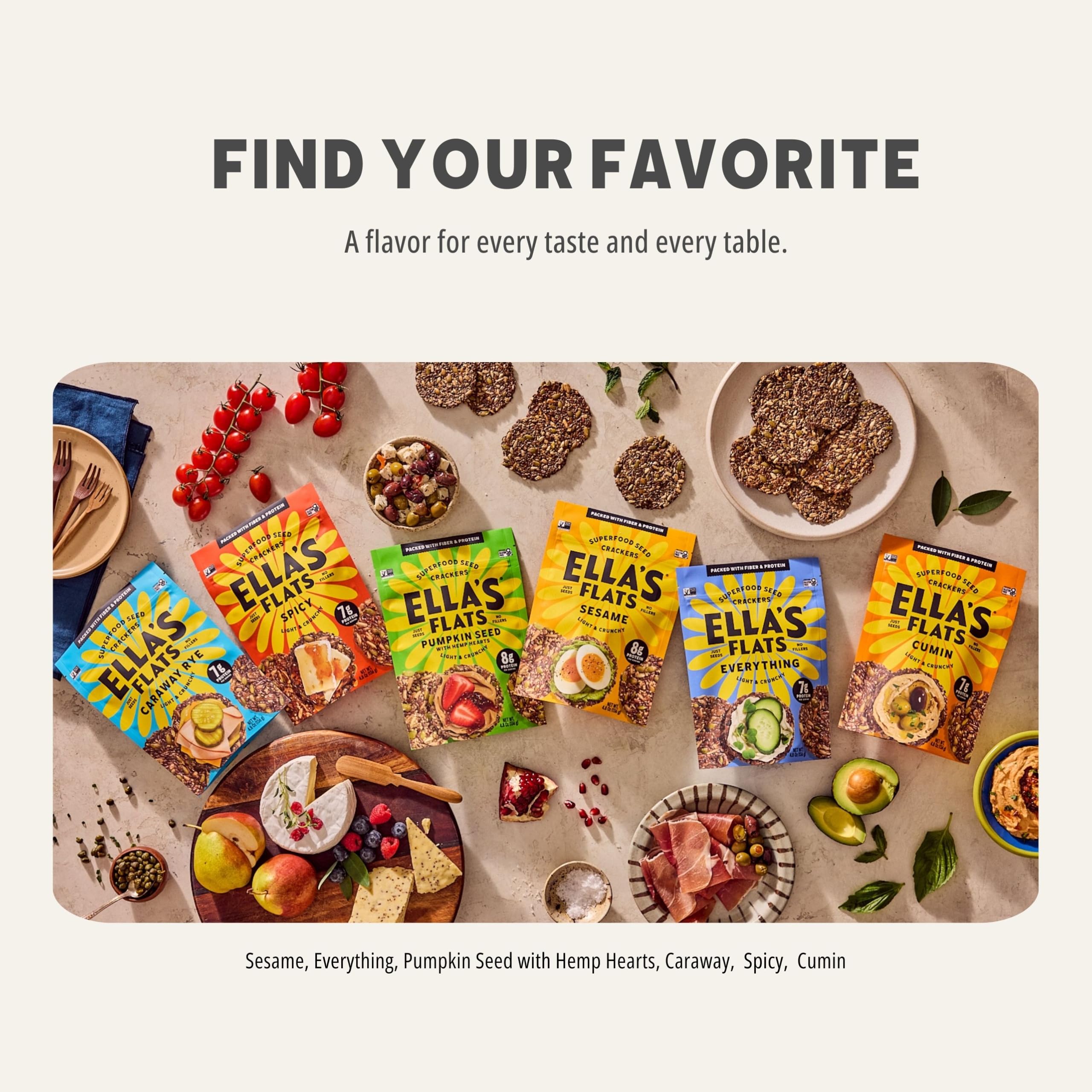 Ella's Flats ingredients reveal eight all-natural seeds for clean crunch.