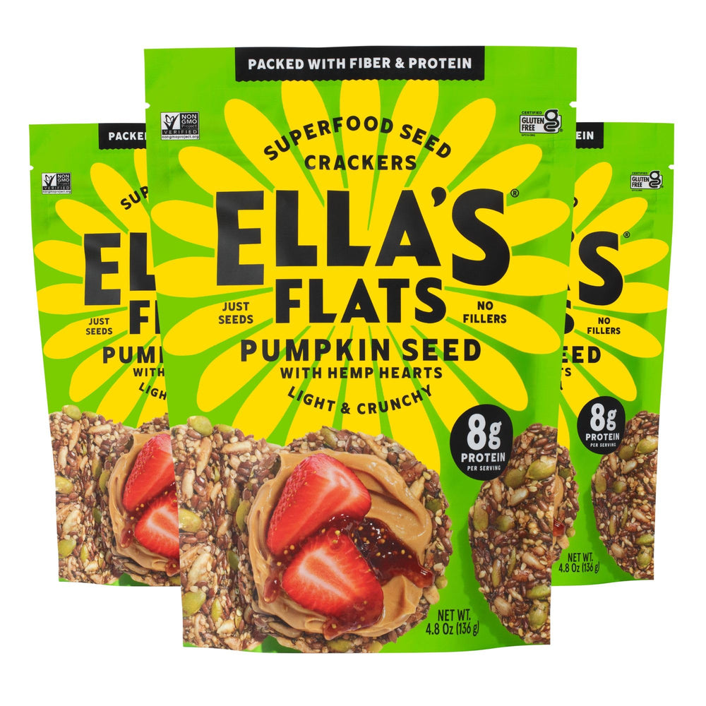 Ella's Flats pumpkin seed hemp crackers showcase a savory crunch ideal for snacking