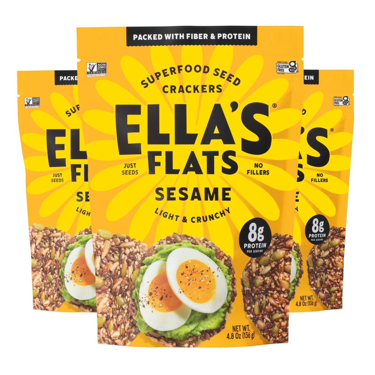 Ella's Flats sesame crisps pack shot highlights gluten-free goodness.