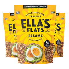 Ella's Flats sesame crisps pack shot highlights gluten-free goodness.