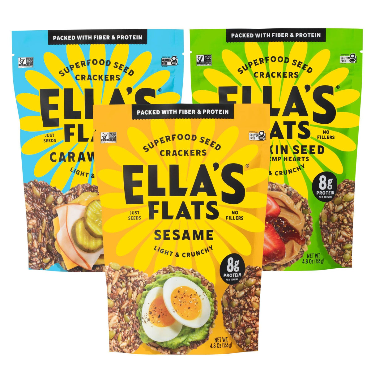 Ella's Flats Variety 3 Pack packaging showcases all-natural seeds for a convenient snack.